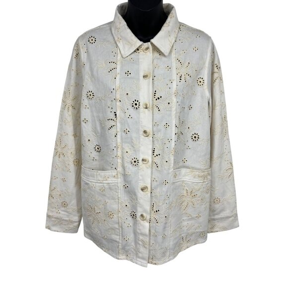 Solitaire Floral Eyelet Medium M Jacket Top Pocket Long-Sleeve Eyelet Women New - Picture 1 of 11